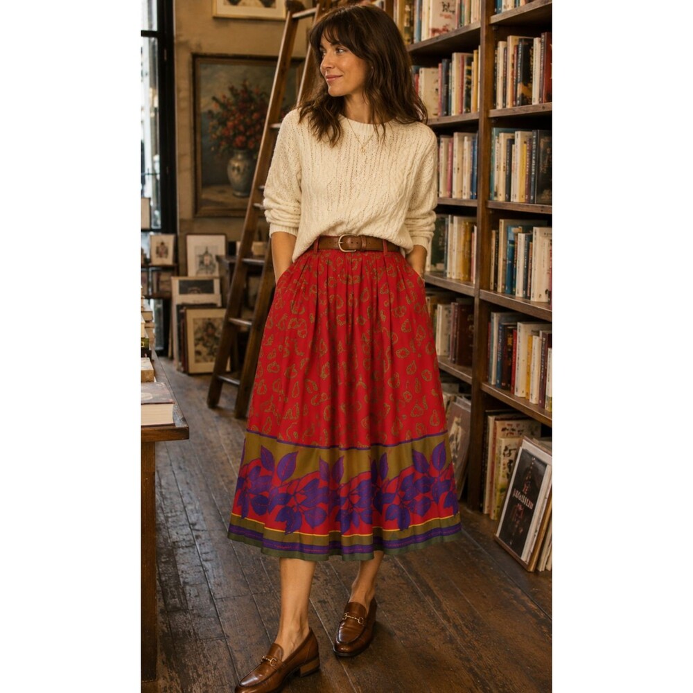 VTG 80s Border Print Paisley Pleated Midi Skirt Pockets Janet Maffei Sz 14